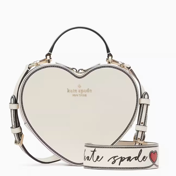 NWT Kate spade Love Shack Guitar Strap Heart Crossbody Purse parchment black - Picture 1 of 7